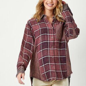 MYSTREE Oversized Plaid Button Down Shacket, Burgundy Wine Checkered, Grunge